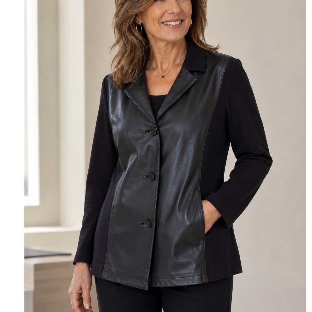 Anne Klein Cardigan Women Large Black Good Leather Front Mixed Media Sweater